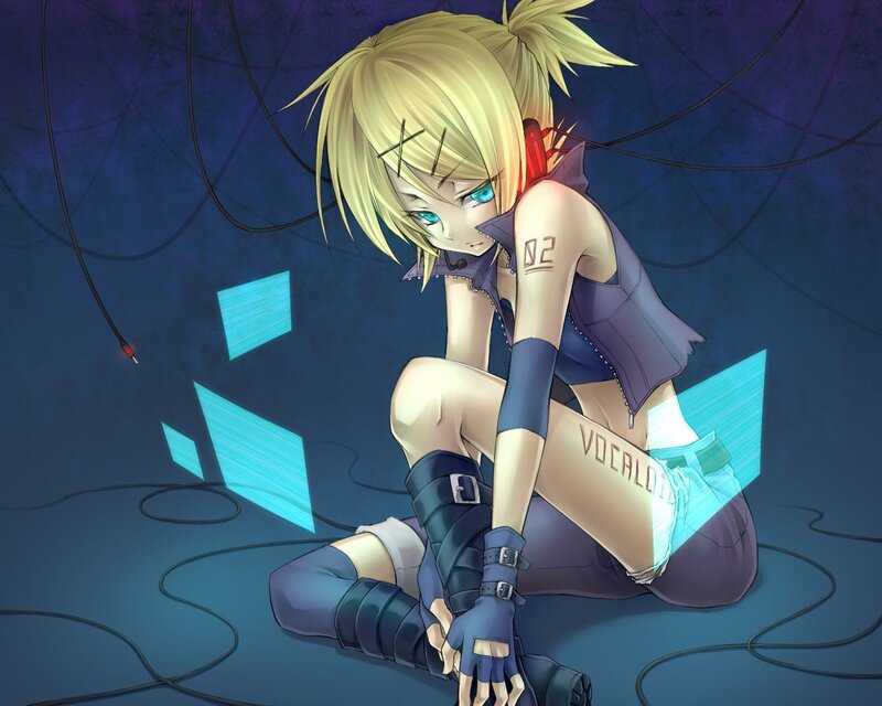 Blonde Anime Girl Sitting — Blue