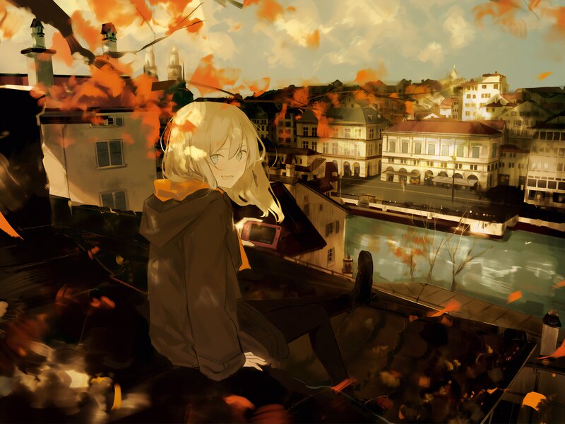 Blonde Anime Girl Sitting — Orange