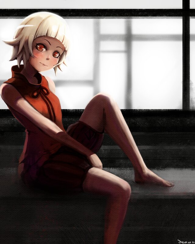 Blonde Anime Girl Sitting — Red, Dramatic