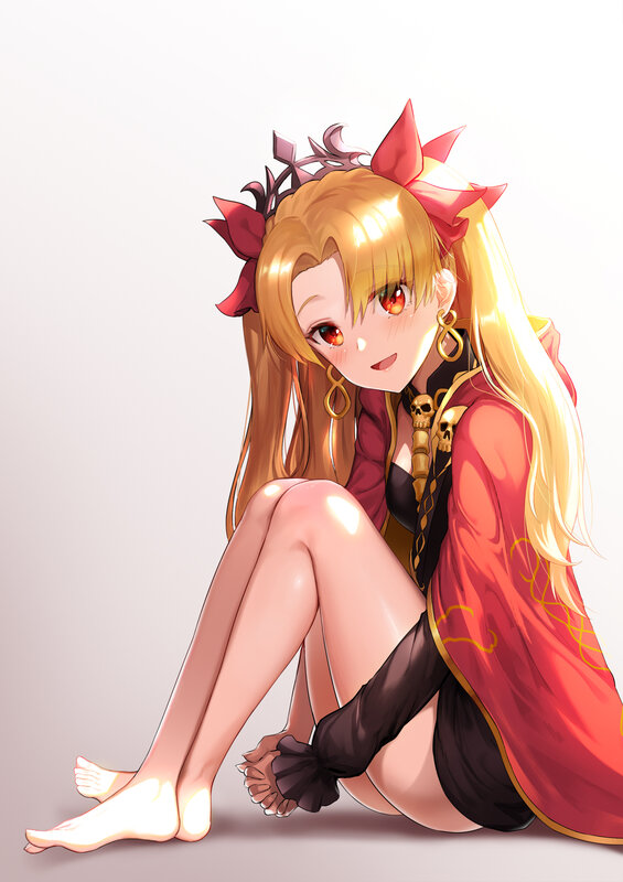 Blonde Anime Girl Sitting — Red, Playful