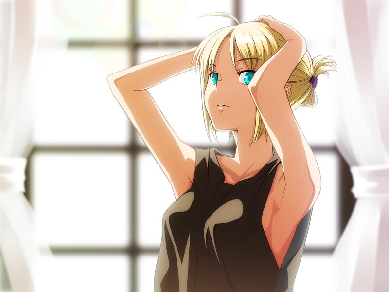 blonde anime girl stretching