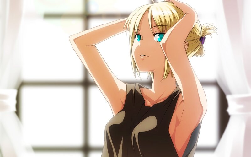 blonde anime girl stretching