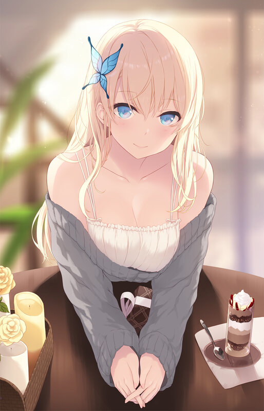 Blonde Anime Girl — White, Calm, Afternoon, Coffee Cup