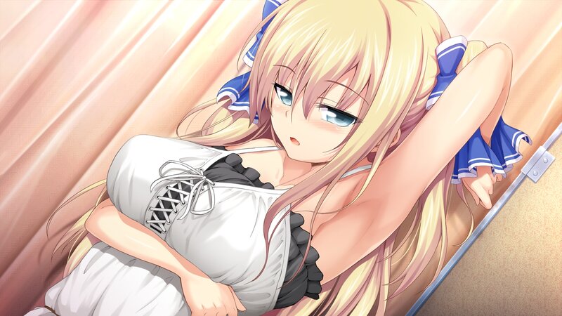Blonde Anime Girl — White, Calm, Dress, Curtains