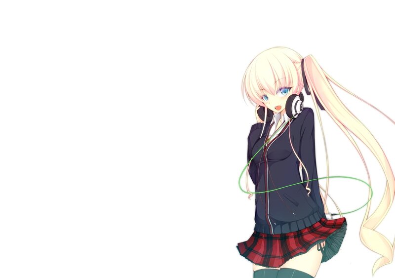 Blonde Anime Girl — White, Calm, Headphones, School Uniform