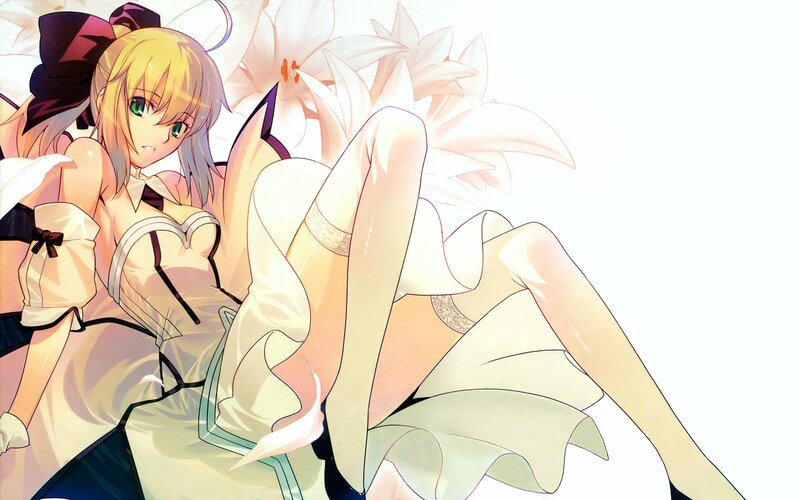 Blonde Anime Girl — White, Calm, Lilies, Dress