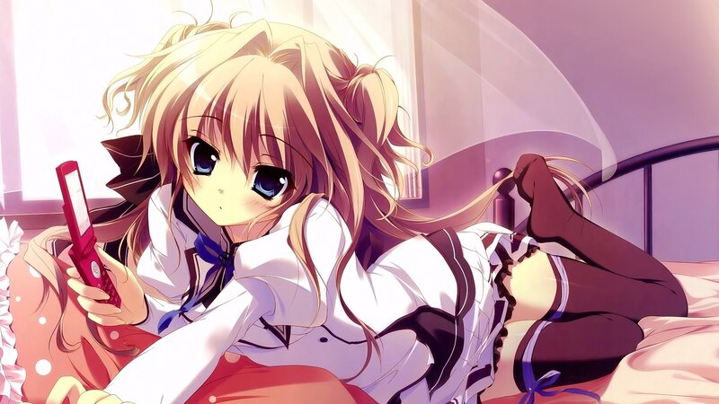 Blonde Anime Girl — White, Calm, Morning, Bed, Cell Phone