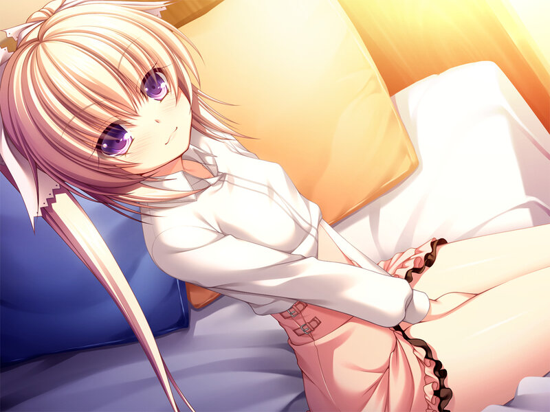 Blonde Anime Girl — White, Calm, Morning, Bed, Pillow