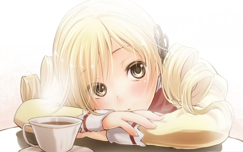 Blonde Anime Girl — White, Calm, Morning, Coffee Cup