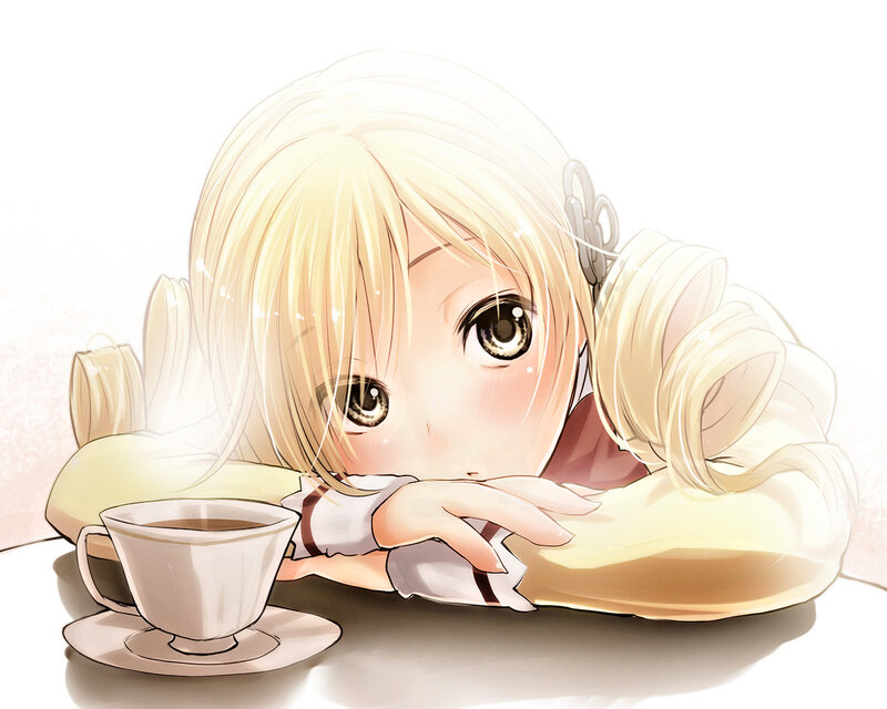 Blonde Anime Girl — White, Calm, Morning, Tea Cup, Pillow
