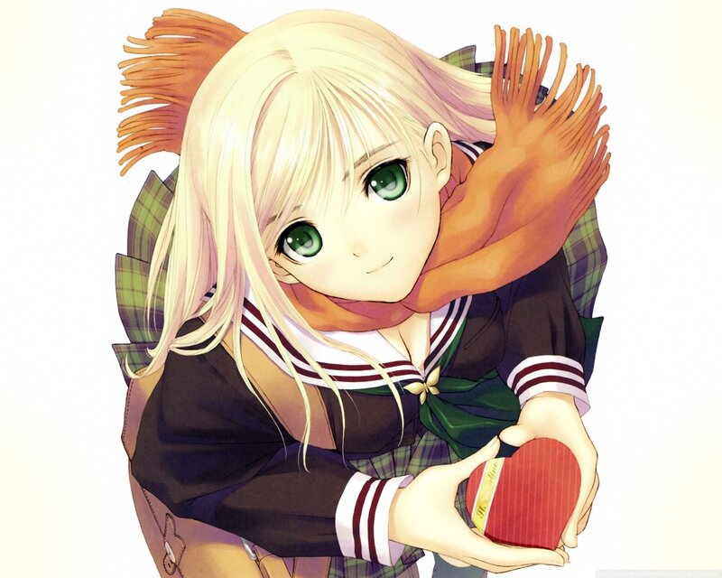 Blonde Anime Girl — White, Calm, Scarf, School Uniform