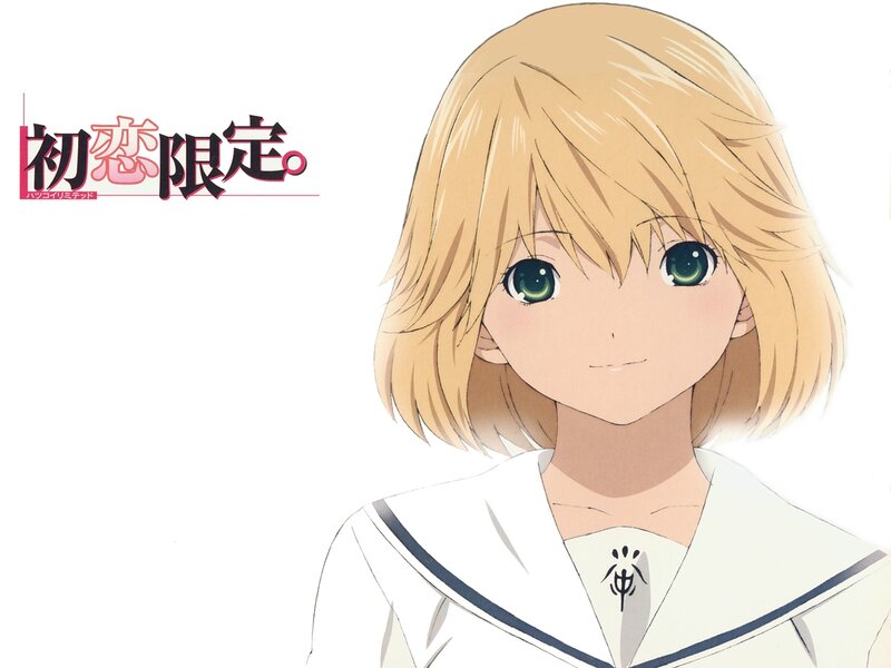 Blonde Anime Girl — White, Calm, School Uniform, Green Eyes, Text