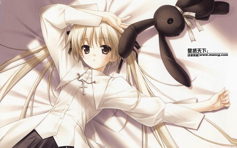 Blonde Anime Girl — White, Calm, Stuffed Rabbit