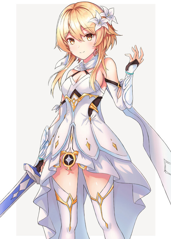 Blonde Anime Girl — White, Calm, Sword, Lily Flower
