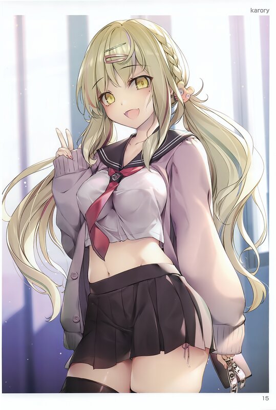 Blonde Anime Girl — White, Cheerful, School Uniform, Peace Sign