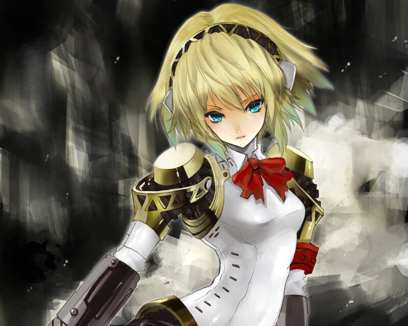 Blonde Anime Girl — White, Dramatic, Digital Art, Red Bow