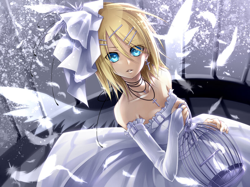 Blonde Anime Girl — White, Dramatic, Feathers