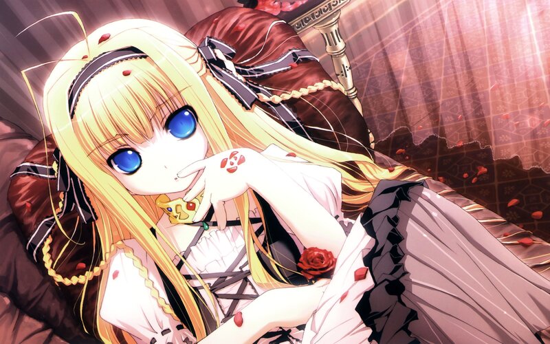 Blonde Anime Girl — White, Dramatic, Red Rose, Pillow