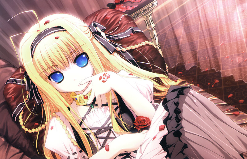 Blonde Anime Girl — White, Dramatic, Red Rose