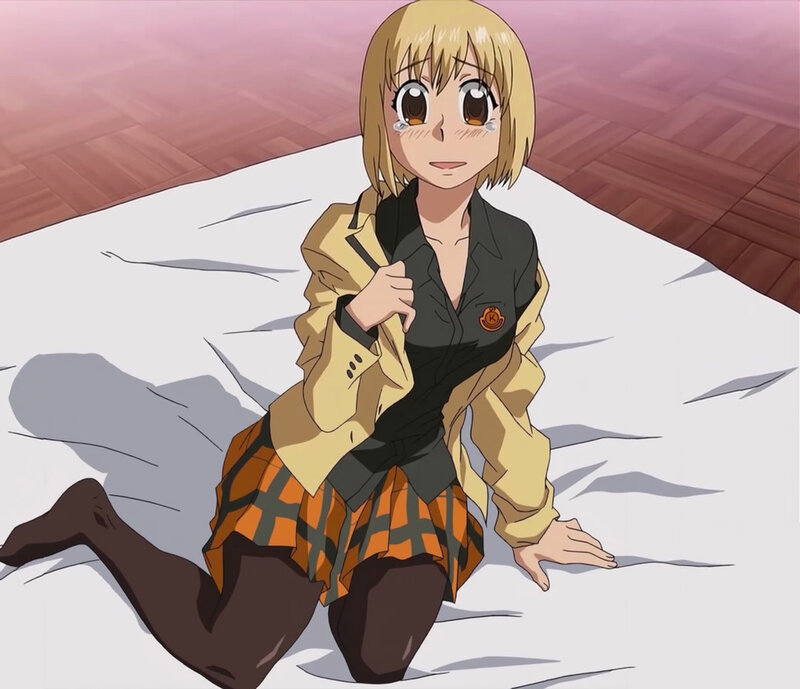 Blonde Anime Girl — White, Dramatic, School Uniform, Bed