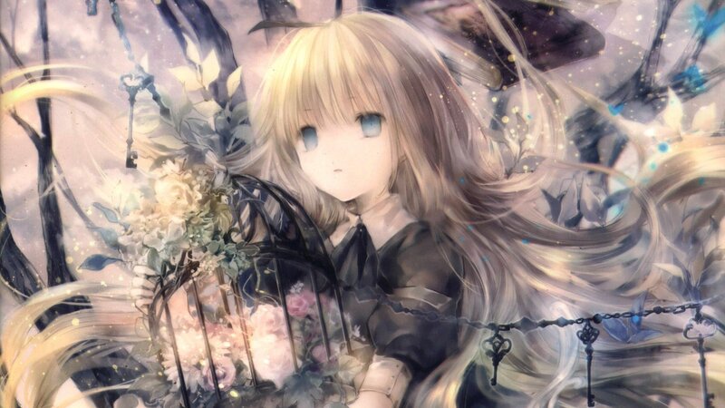Blonde Anime Girl — White, Dreamy, Digital Art, Flowers