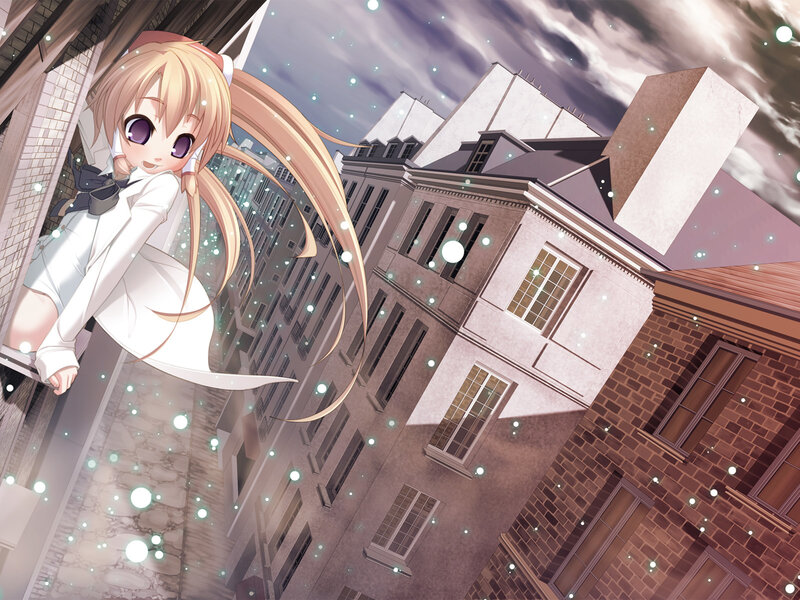 Blonde Anime Girl — White, Dreamy, Night, Building, Sky