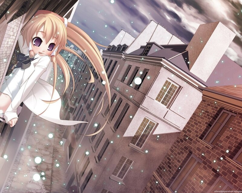 Blonde Anime Girl — White, Dreamy, Night, Buildings, Sky