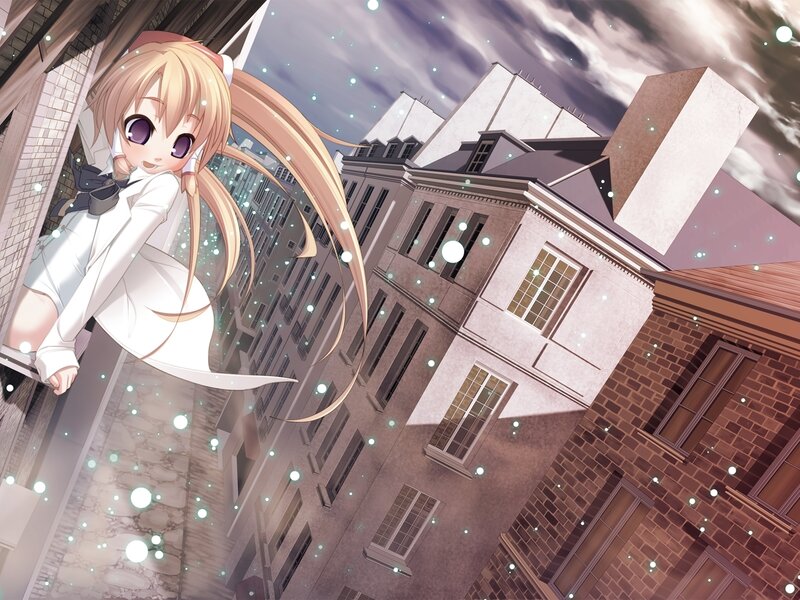 Blonde Anime Girl — White, Dreamy, Night, Buildings