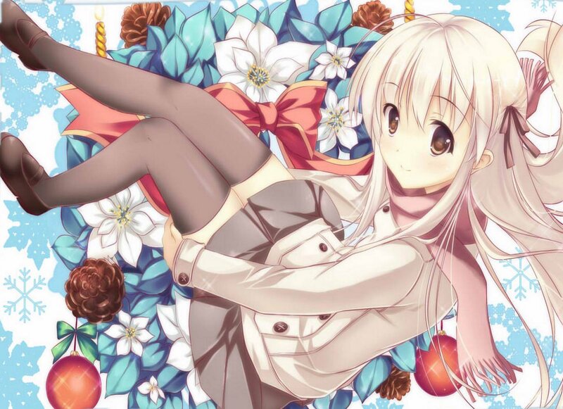 Blonde Anime Girl — White, Festive, Winter, Flowers