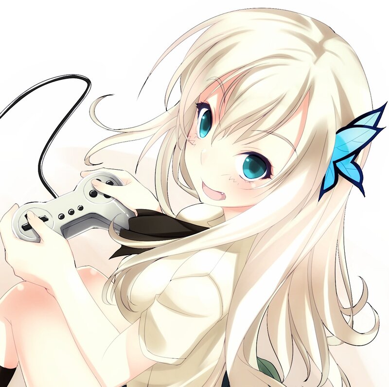 Blonde Anime Girl — White, Playful, Game Controller