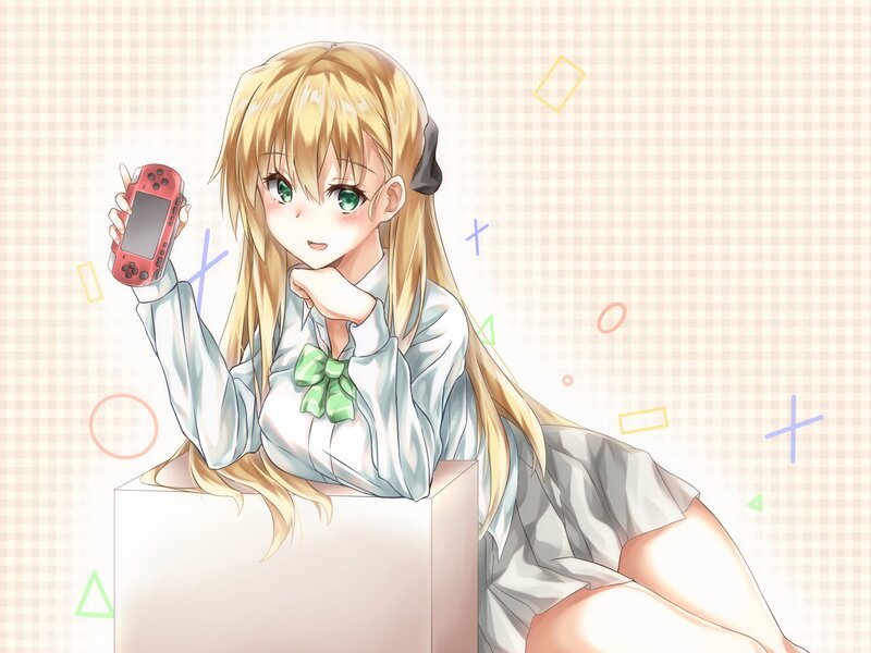 Blonde Anime Girl — White, Playful, Handheld Console