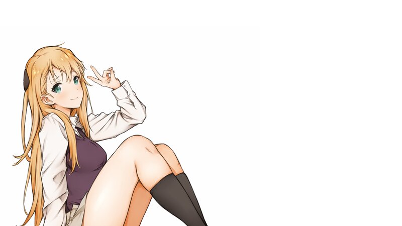 Blonde Anime Girl — White, Playful, Long Hair, White Shirt, Knee-high Socks