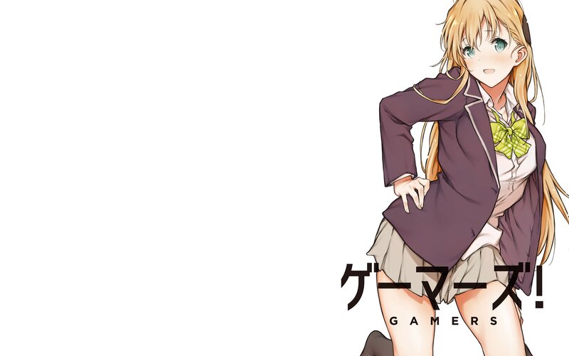 Blonde Anime Girl — White, Playful, School Uniform, Green Bow Tie