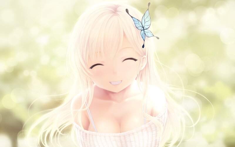 Blonde Anime Girl — White, Serene, Afternoon, Butterfly