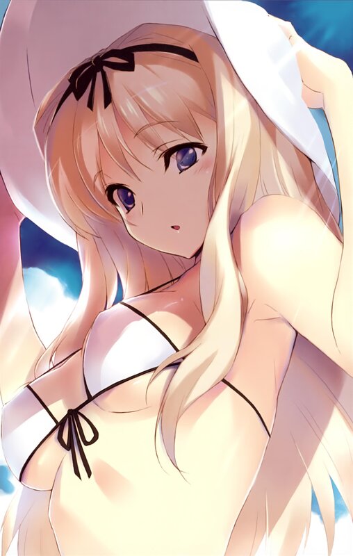 Blonde Anime Girl — White, Serene, Afternoon, Hat, Swimsuit