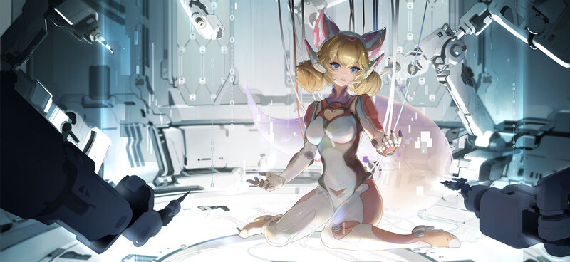 Blonde Anime Girl — White, Serene, Digital Art, Robot Arms
