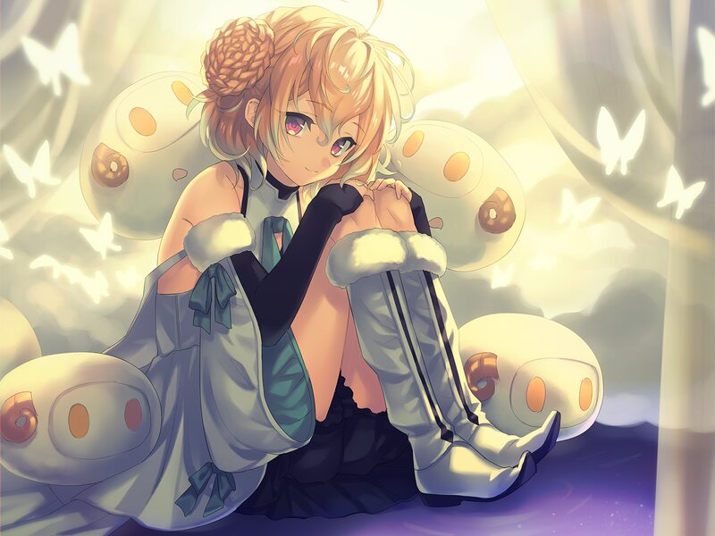 Blonde Anime Girl — White, Serene, Night, Butterflies