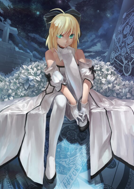 Blonde Anime Girl — White, Serene, Night, Flowers, Night Sky