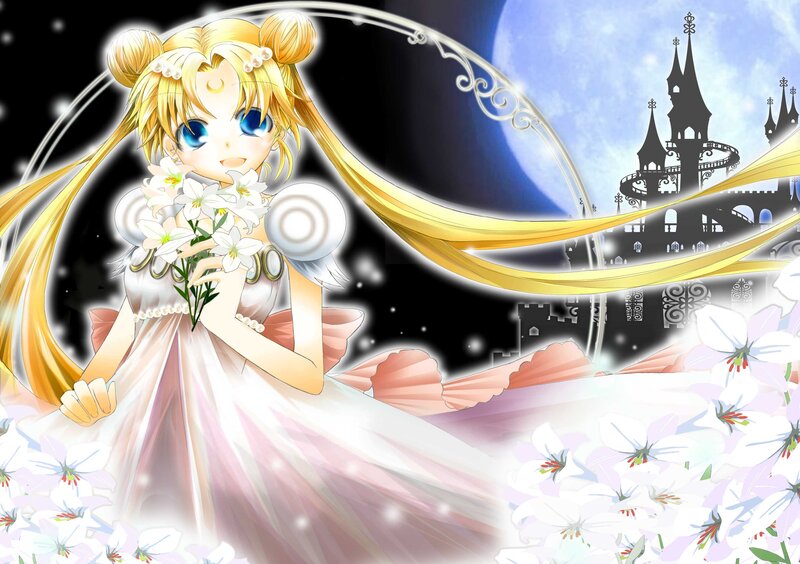 Blonde Anime Girl — White, Serene, Night, Flowers