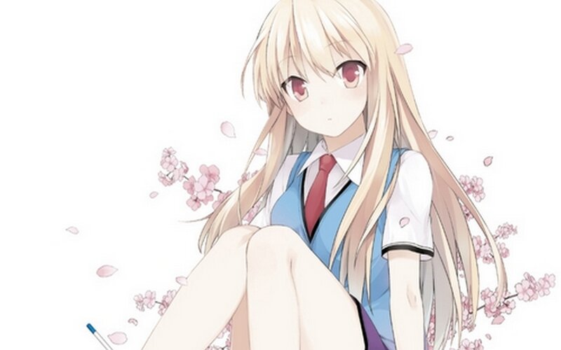 Blonde Anime Girl — White, Serene, Spring, Cherry Blossoms