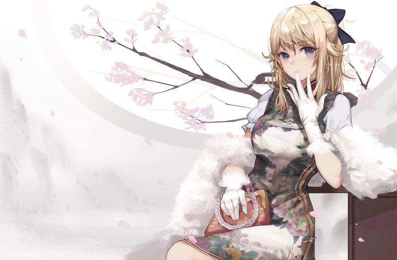 Blonde Anime Girl — White, Serene, Spring, Cherry Blossoms, White Gloves