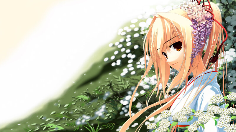 Blonde Anime Girl — White, Serene, Spring, Flowers