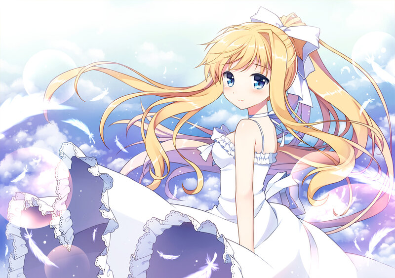 Blonde Anime Girl — White, Serene, White Dress, Feathers, Clouds