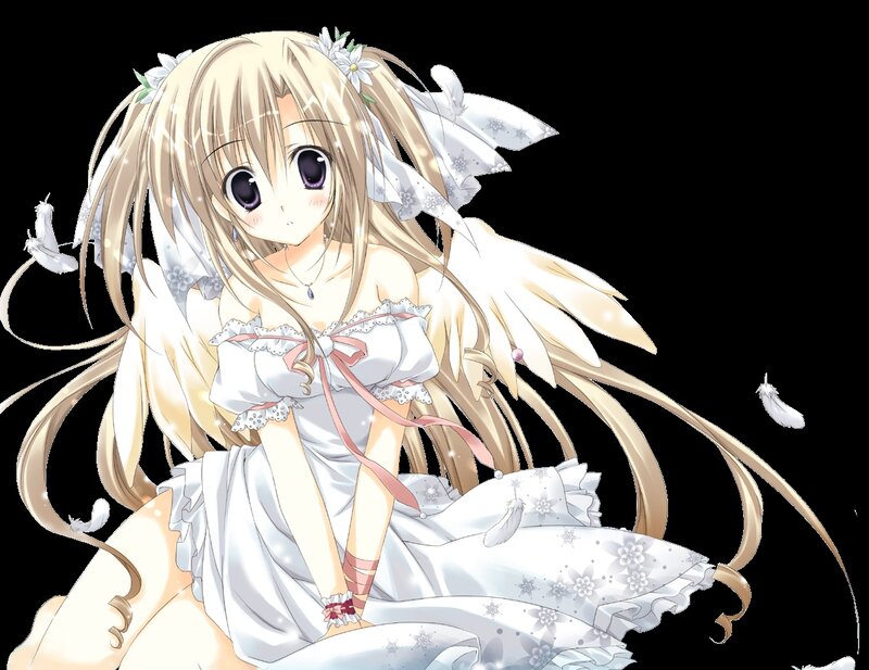 Blonde Anime Girl — White, Serene, White Dress, Feathers