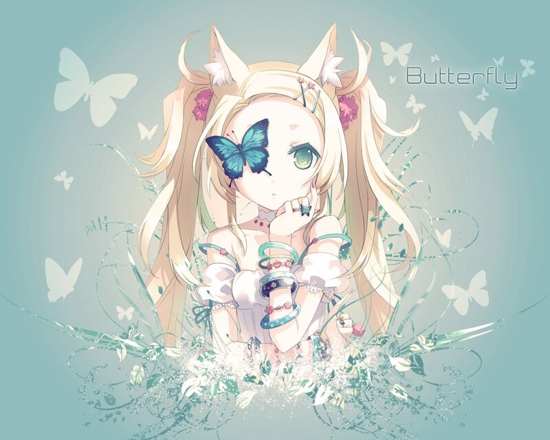 Blonde Anime Girl with Butterfly — Blue, Serene, Flowers