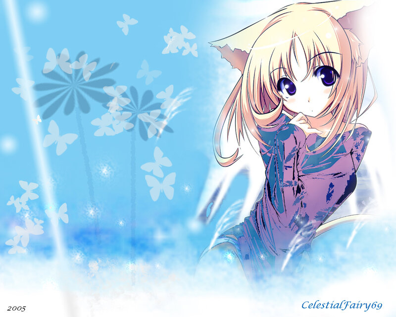 Blonde Anime Girl with Cat Ears — Blue