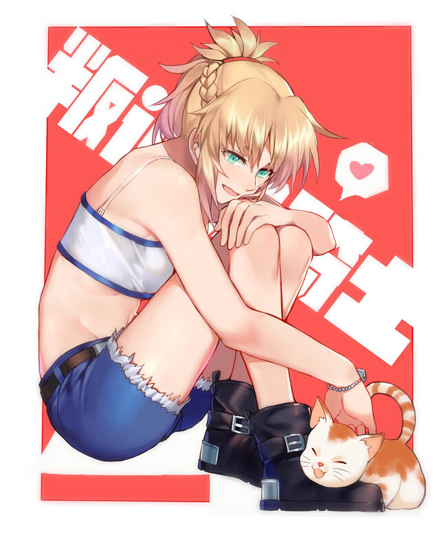 Blonde Anime Girl with Cat — Red