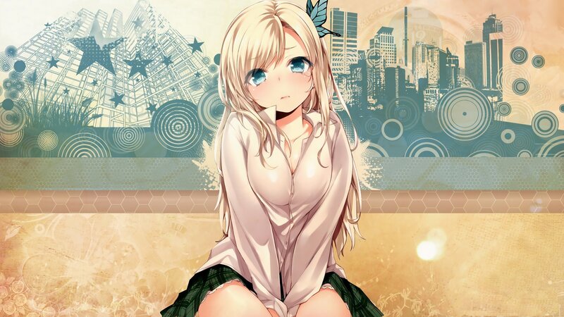 blonde anime girl with city background