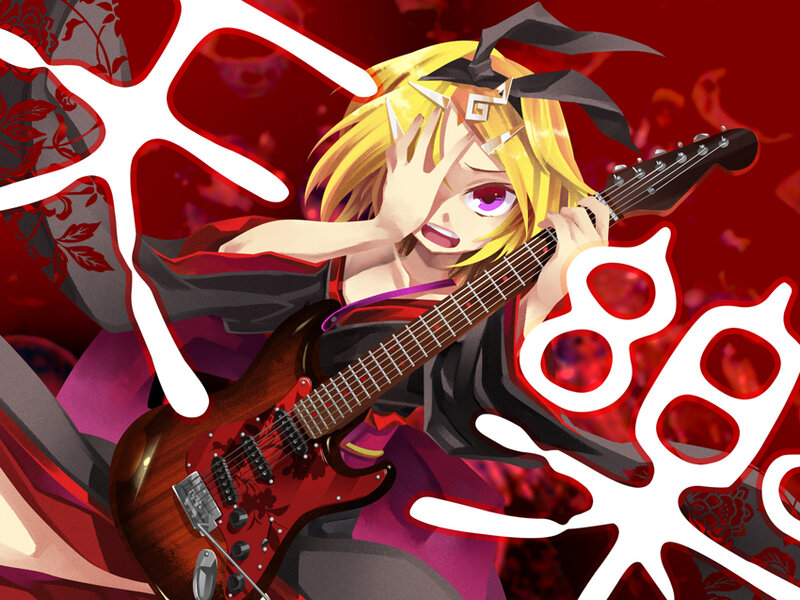 Blonde Anime Girl with Guitar — Red, Dramatic, Intense