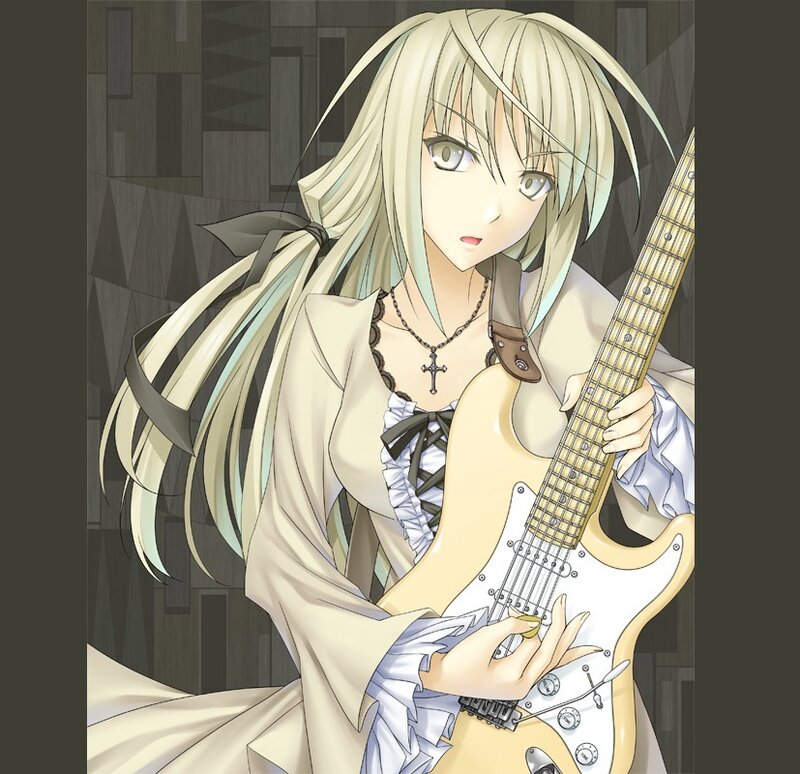 Blonde Anime Girl with Guitar — White